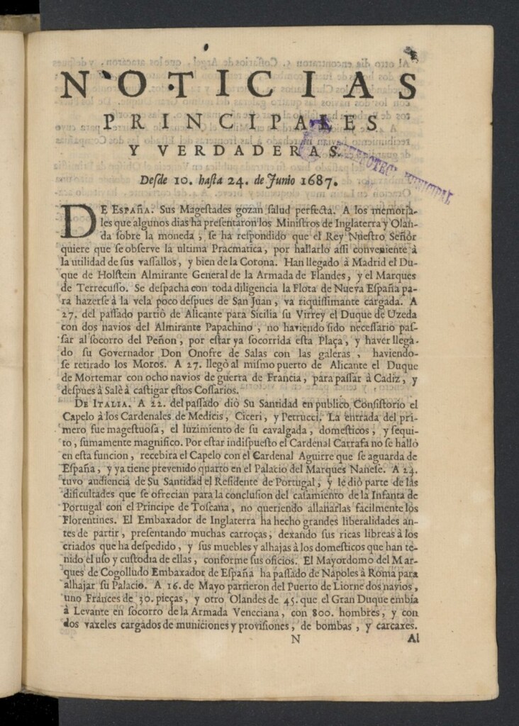 Miniatura de Noticias principales y verdaderas del 10 al 24 de junio de 1687