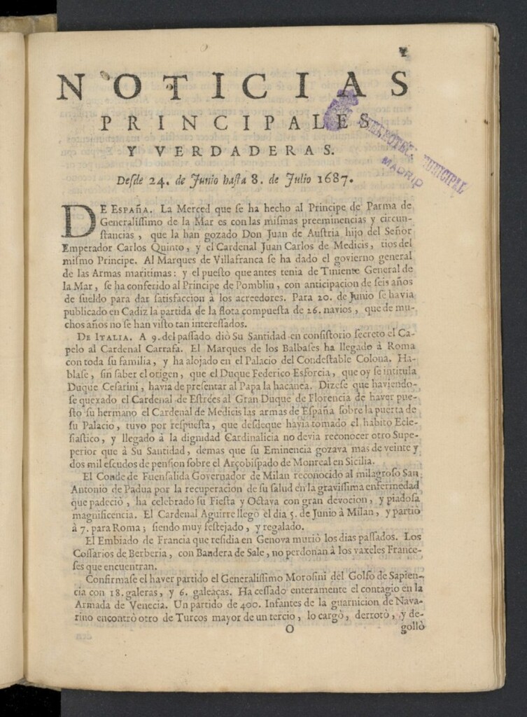 Miniatura de Noticias principales y verdaderas del 24 de junio al 8 de julio de 1687