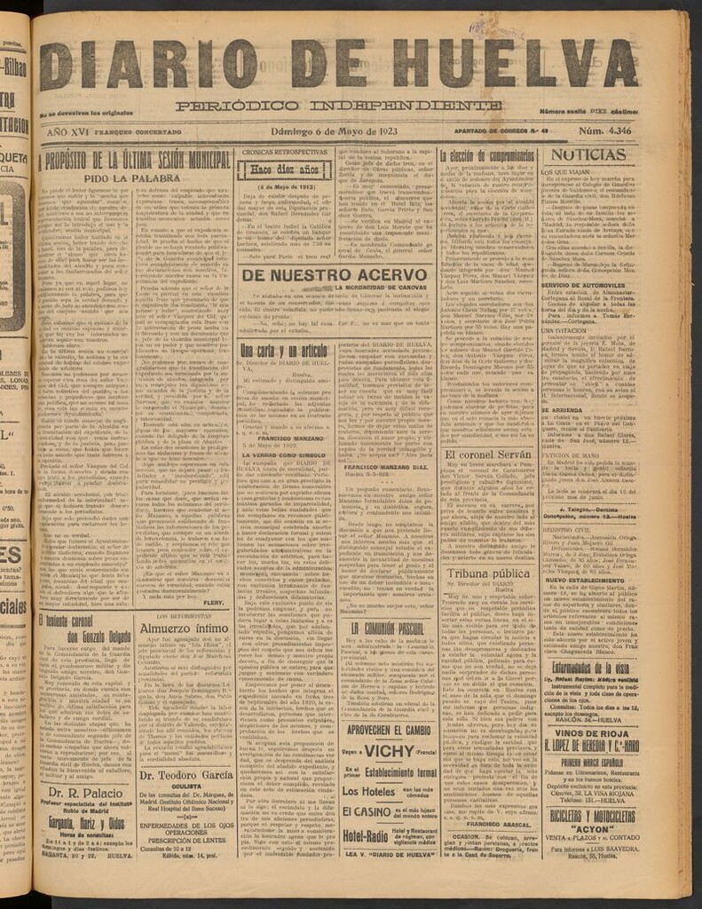 Miniatura de Diario de Huelva : periódico independiente del 6 de mayo de 1923