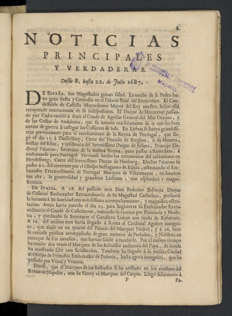 Miniatura de Noticias principales y verdaderas del 8 al 22 de julio de 1687