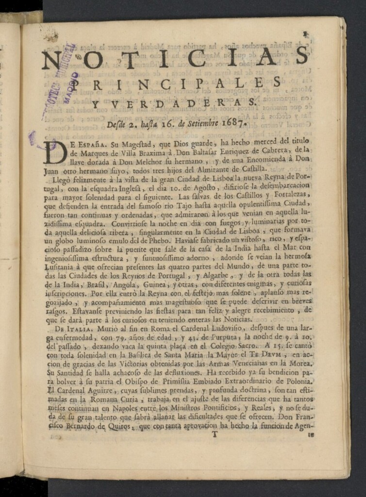 Miniatura de Noticias principales y verdaderas del 2 al 16 de septiembre de 1687