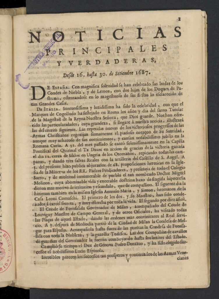 Miniatura de Noticias principales y verdaderas del 16 al 30 de septiembre de 1687