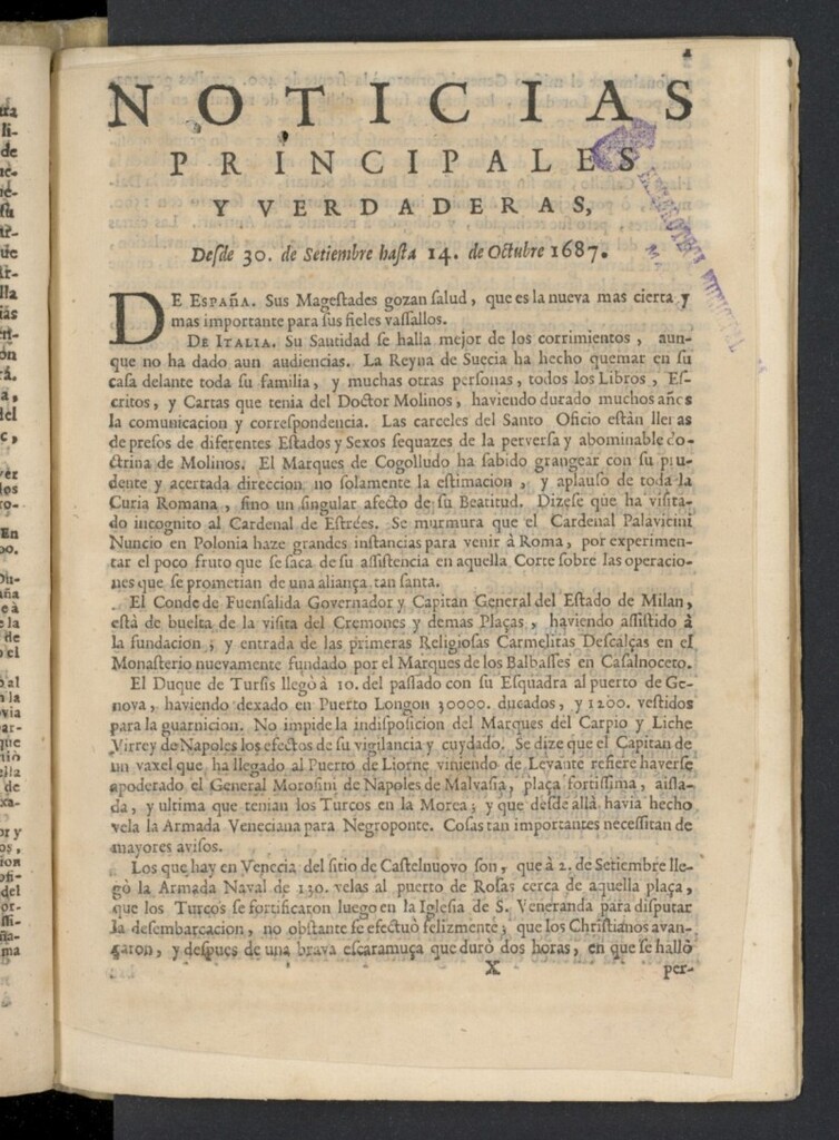 Miniatura de Noticias principales y verdaderas del 30 de septiembre al 14 de octubre de 1687