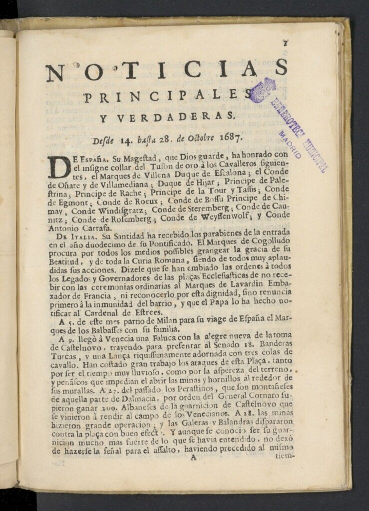 Miniatura de Noticias principales y verdaderas del 14 al 28 de octubre de 1687