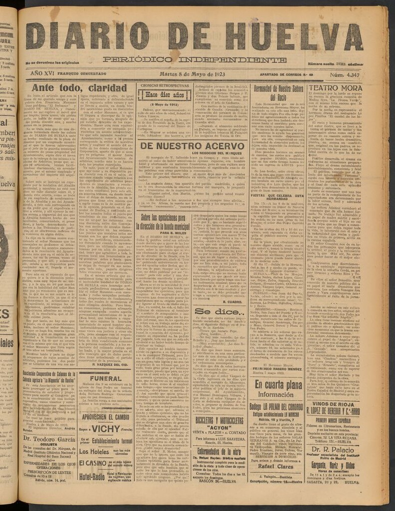 Miniatura de Diario de Huelva : periódico independiente del 8 de mayo de 1923