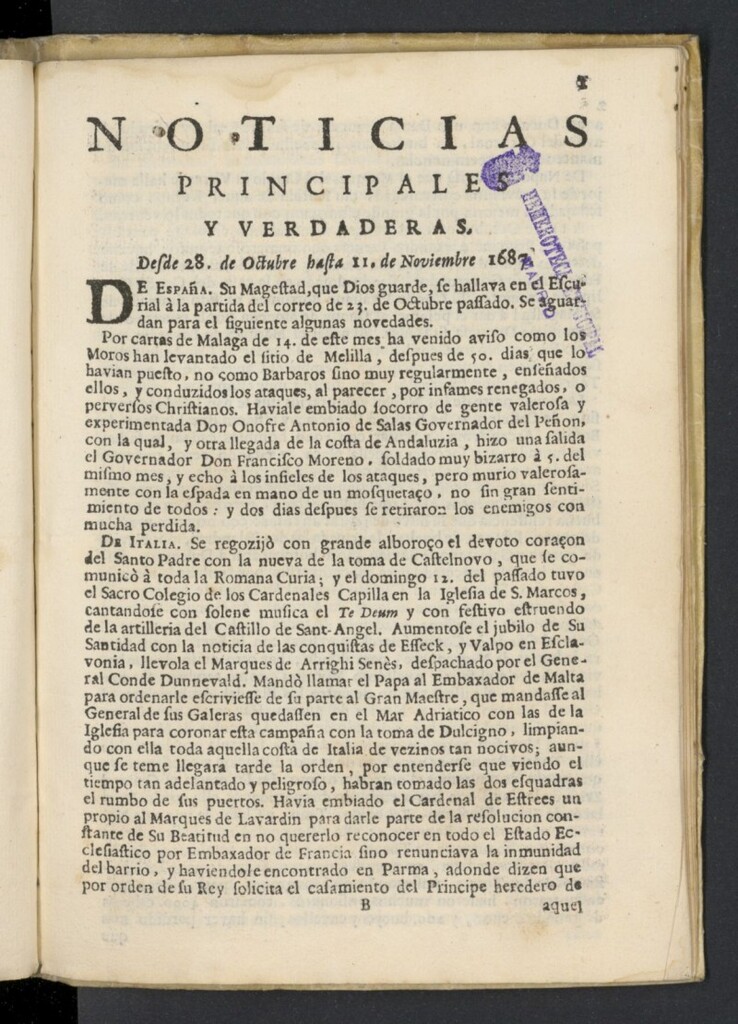 Miniatura de Noticias principales y verdaderas del 28 de octubre al 11 de noviembre de 1687