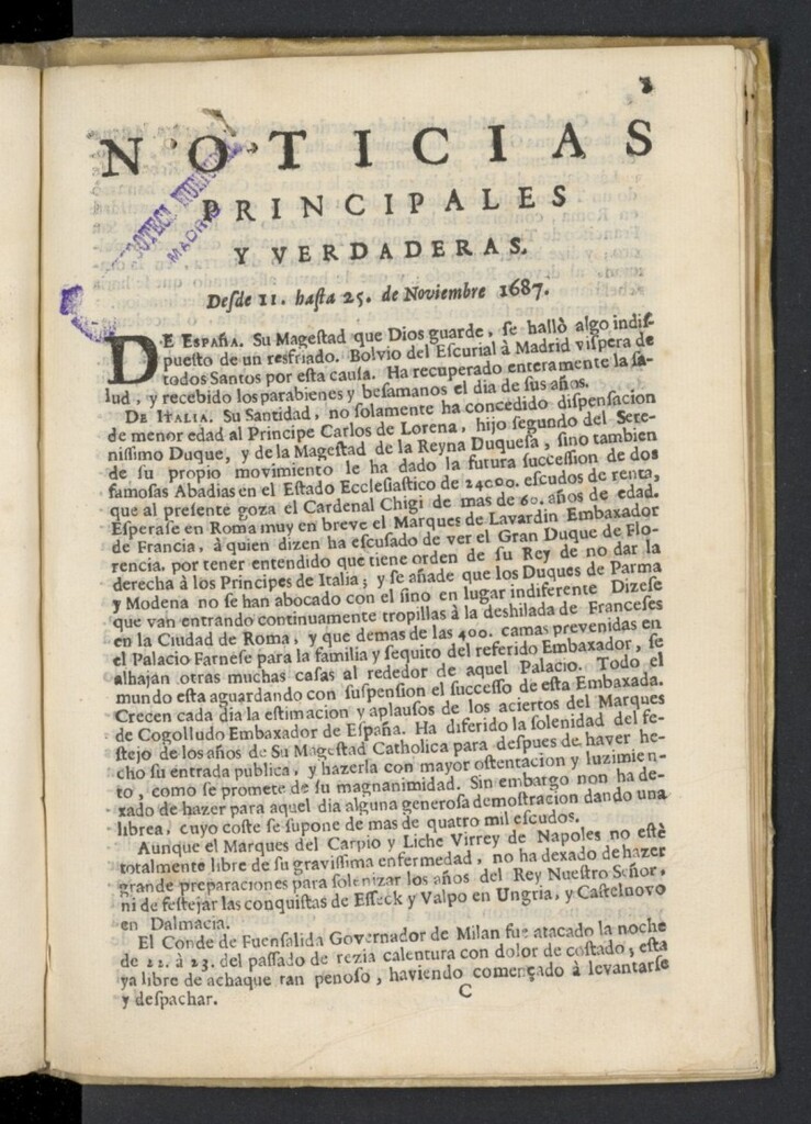 Miniatura de Noticias principales y verdaderas del 11 al 25 de noviembre de 1687