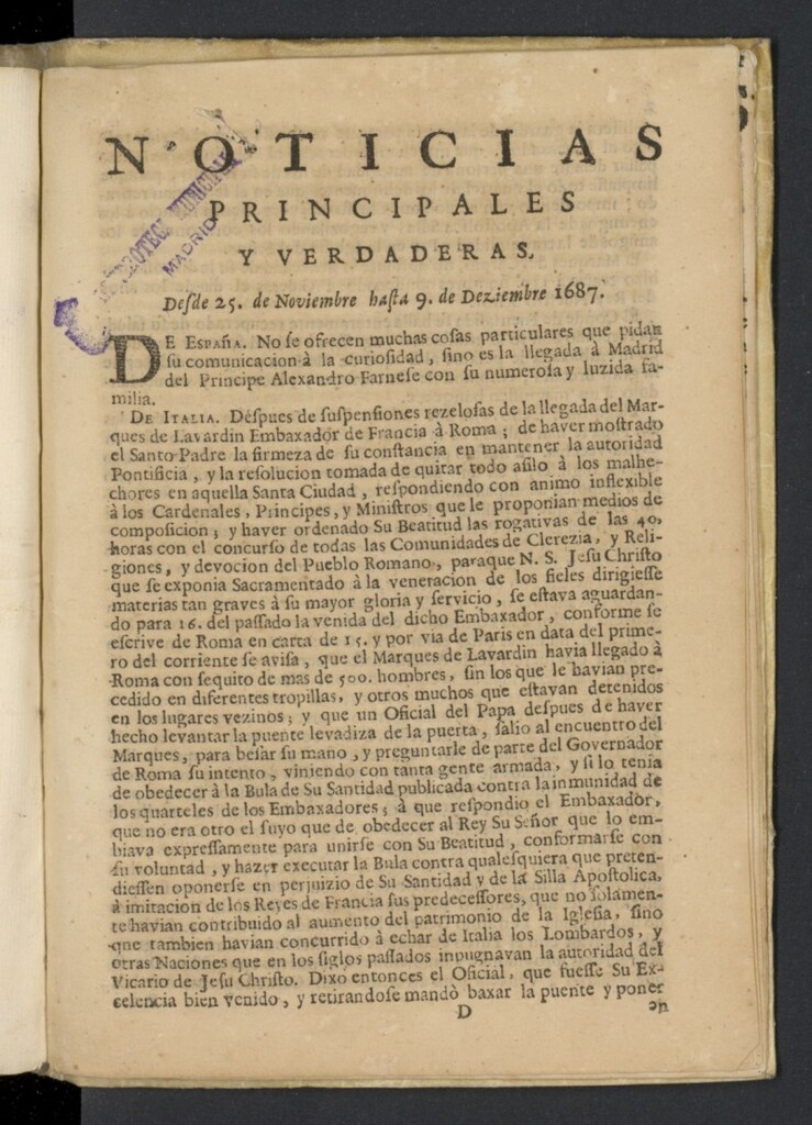 Miniatura de Noticias principales y verdaderas del 25 de noviembre al 9 de diciembre de 1687