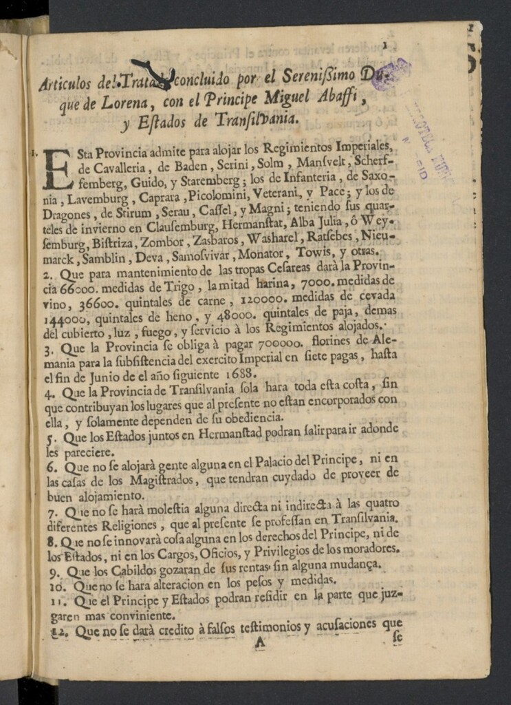 Miniatura de Noticias principales y verdaderas. Artículos del Tratado concluido por el Serenisimo Duque de Lorena, con el Príncipe Miguel Abaffi, y Estados de Transilvania.