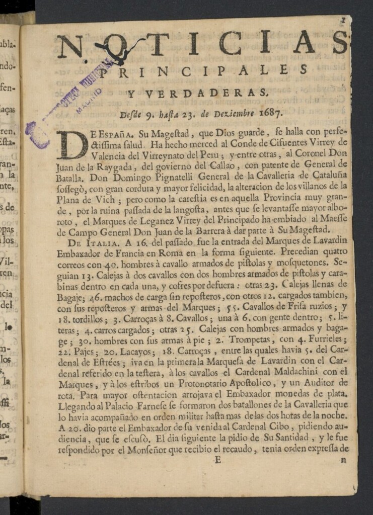 Miniatura de Noticias principales y verdaderas del 9 al 23 de diciembre de 1687