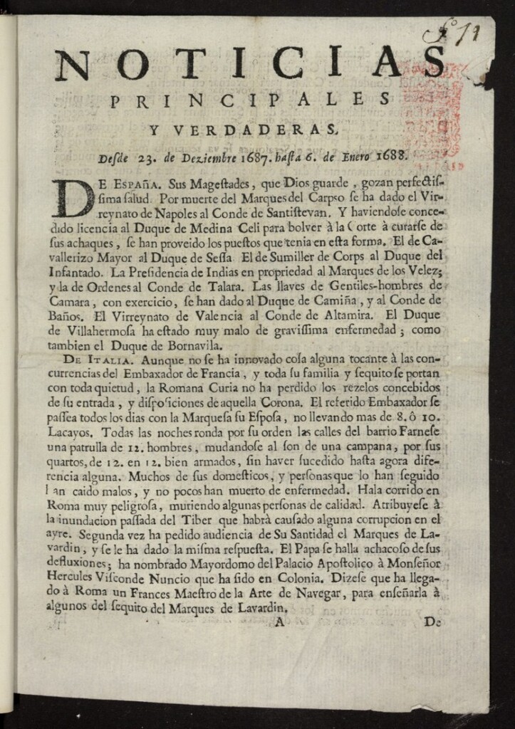 Miniatura de Noticias principales y verdaderas del 23 de diciembre de 1687 al 6 de enero de 1688