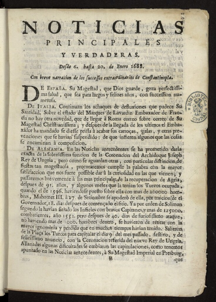 Miniatura de Noticias principales y verdaderas del 6 al 20 de enero de 1688