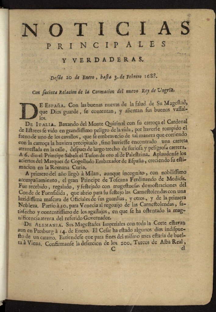 Miniatura de Noticias principales y verdaderas del 20 de enero al 3 de febrero de 1688