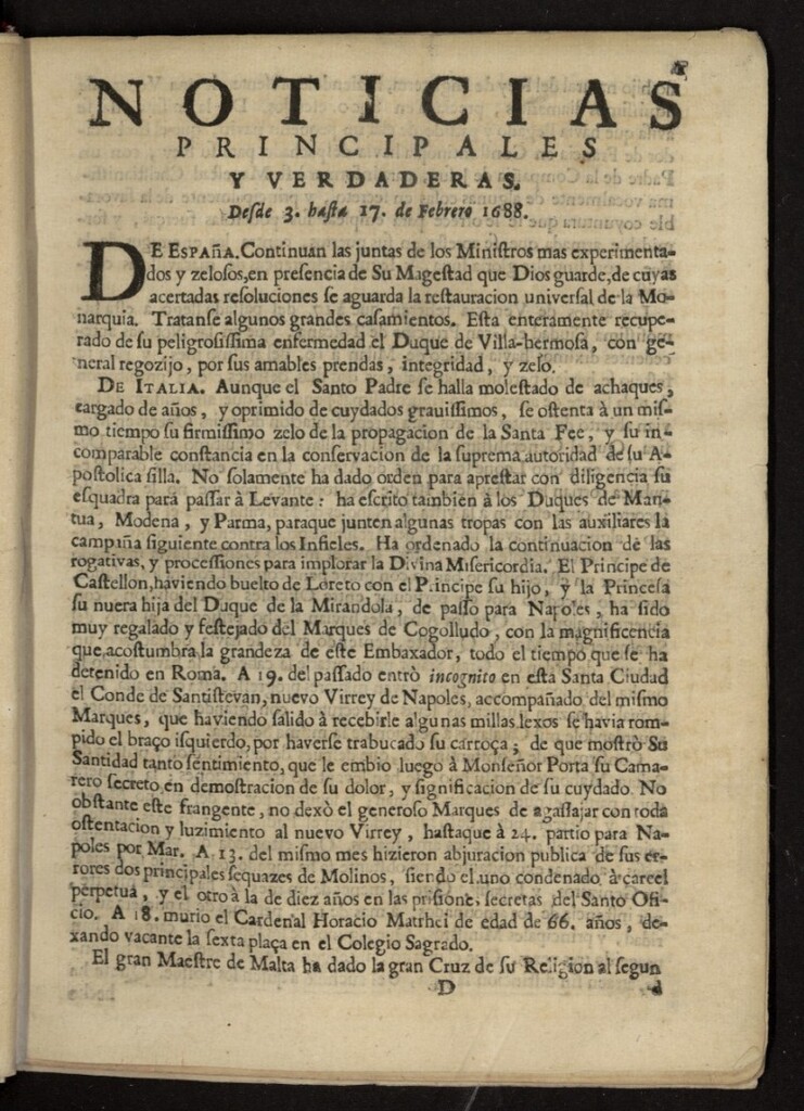 Miniatura de Noticias principales y verdaderas del 3 al 17 de febrero de 1688