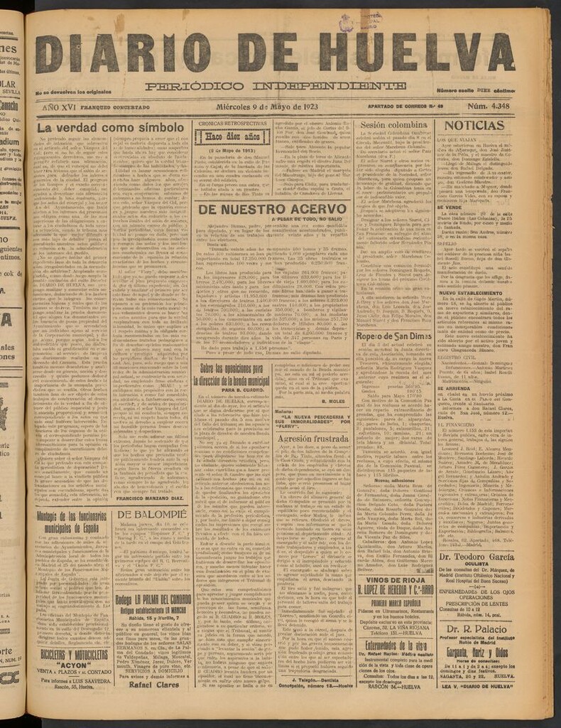 Miniatura de Diario de Huelva : periódico independiente del 9 de mayo de 1923
