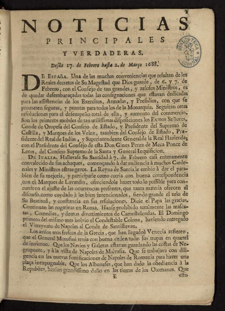 Miniatura de Noticias principales y verdaderas del 17 de febrero al 2 de marzo de 1688
