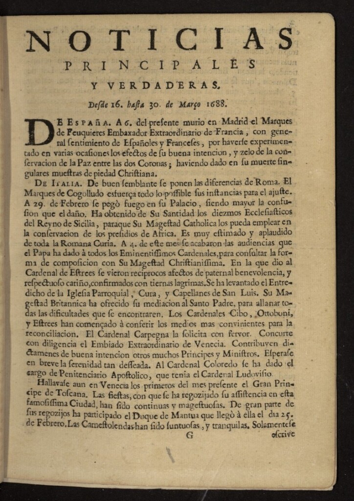 Miniatura de Noticias principales y verdaderas del 16 al 30 de marzo de 1688