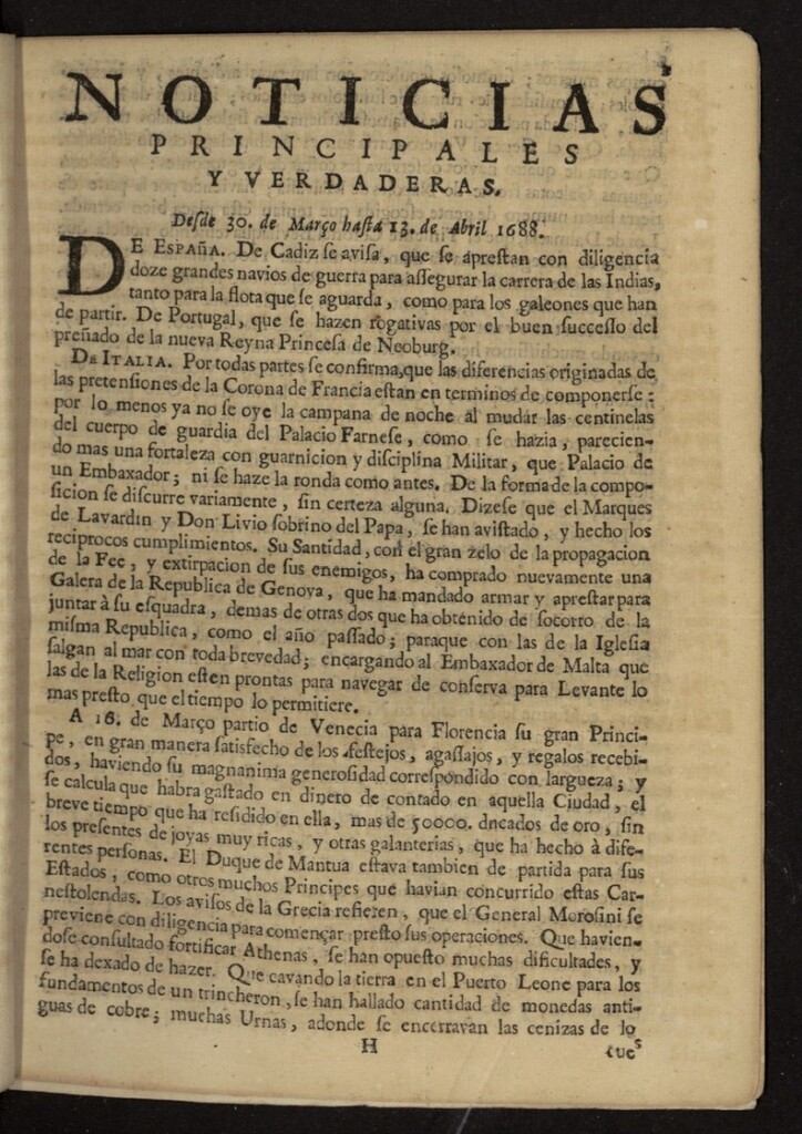 Miniatura de Noticias principales y verdaderas del 30 de marzo al 13 de abril de 1688