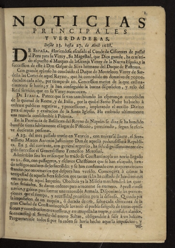 Miniatura de Noticias principales y verdaderas del 13 al 27 de abril de 1688