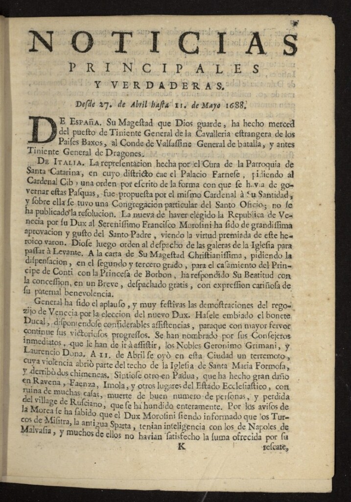 Miniatura de Noticias principales y verdaderas del 27 de abril al 11 de mayo de 1688