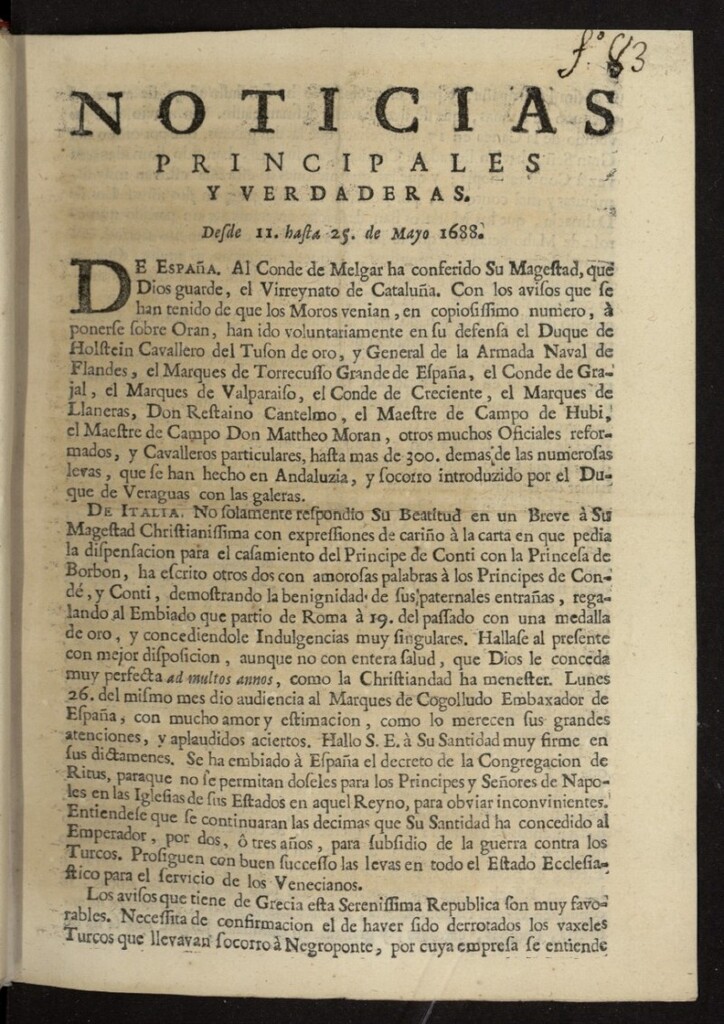 Miniatura de Noticias principales y verdaderas del 11 al 25 de mayo de 1688