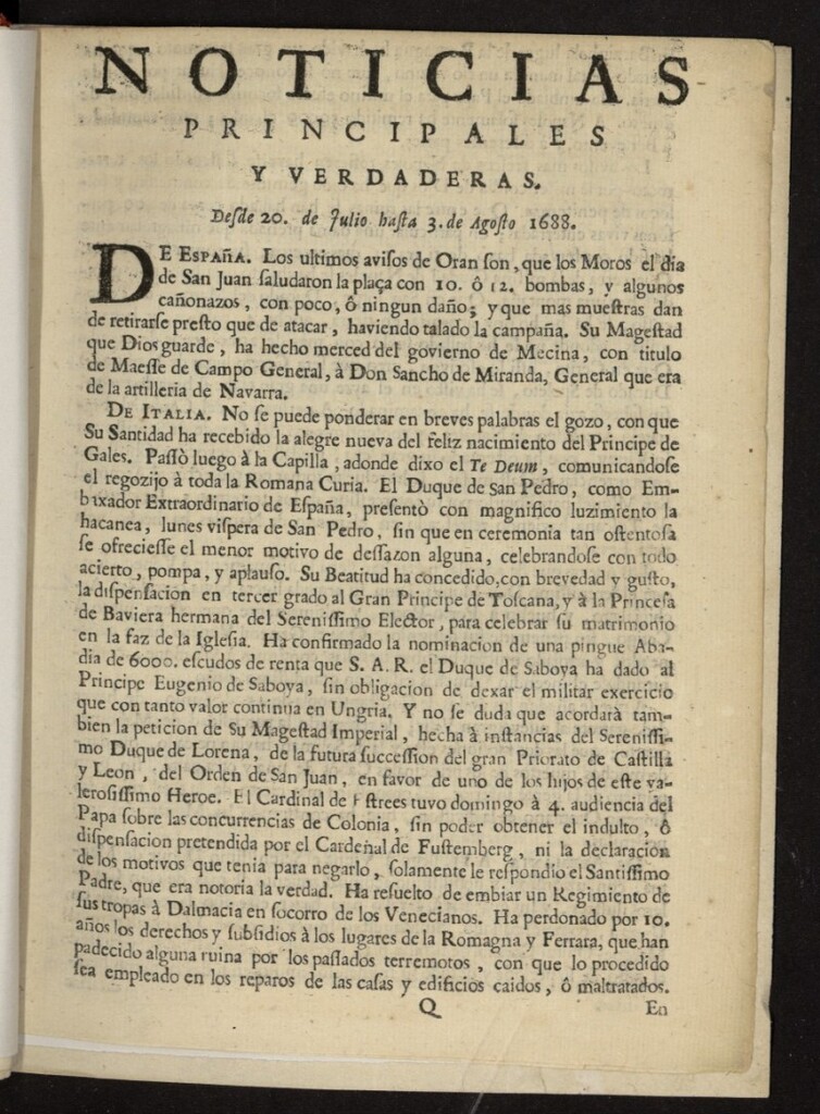 Miniatura de Noticias principales y verdaderas del 20 de julio al 3 de agosto de 1688