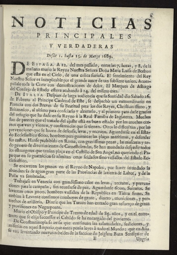 Miniatura de Noticias principales y verdaderas del 1 al 15 de marzo de 1689