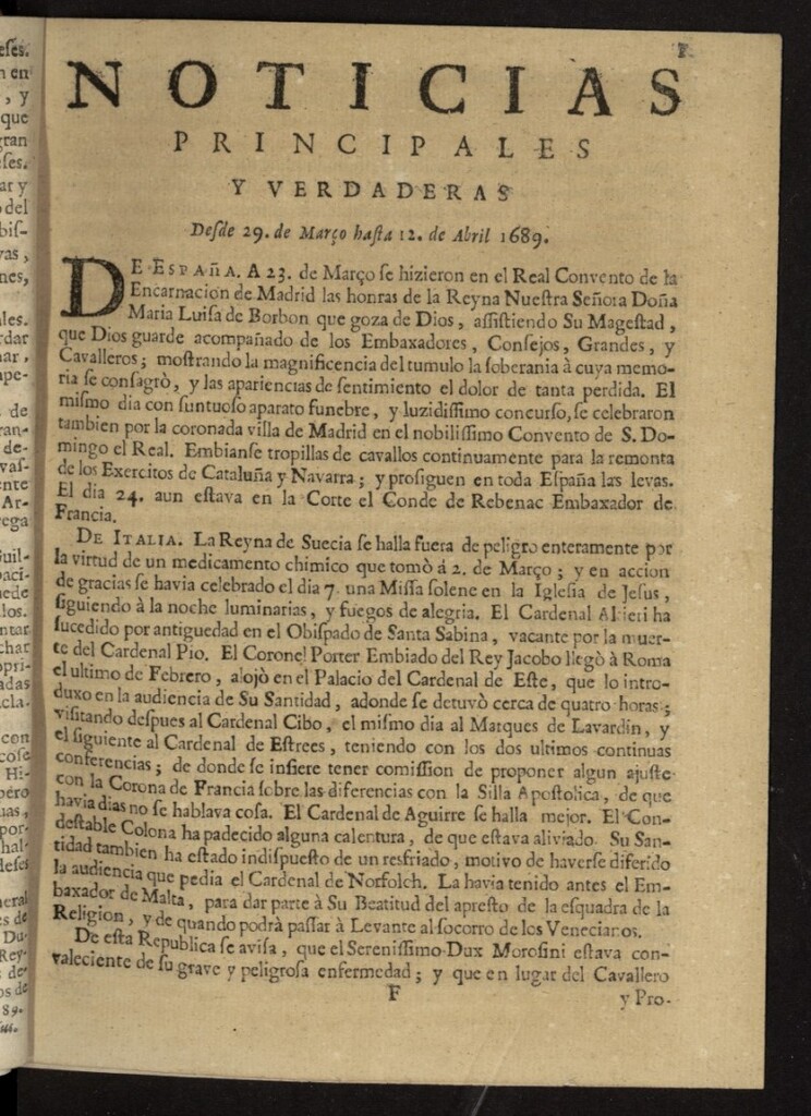Miniatura de Noticias principales y verdaderas del 29 de marzo al 12 de abril de 1689
