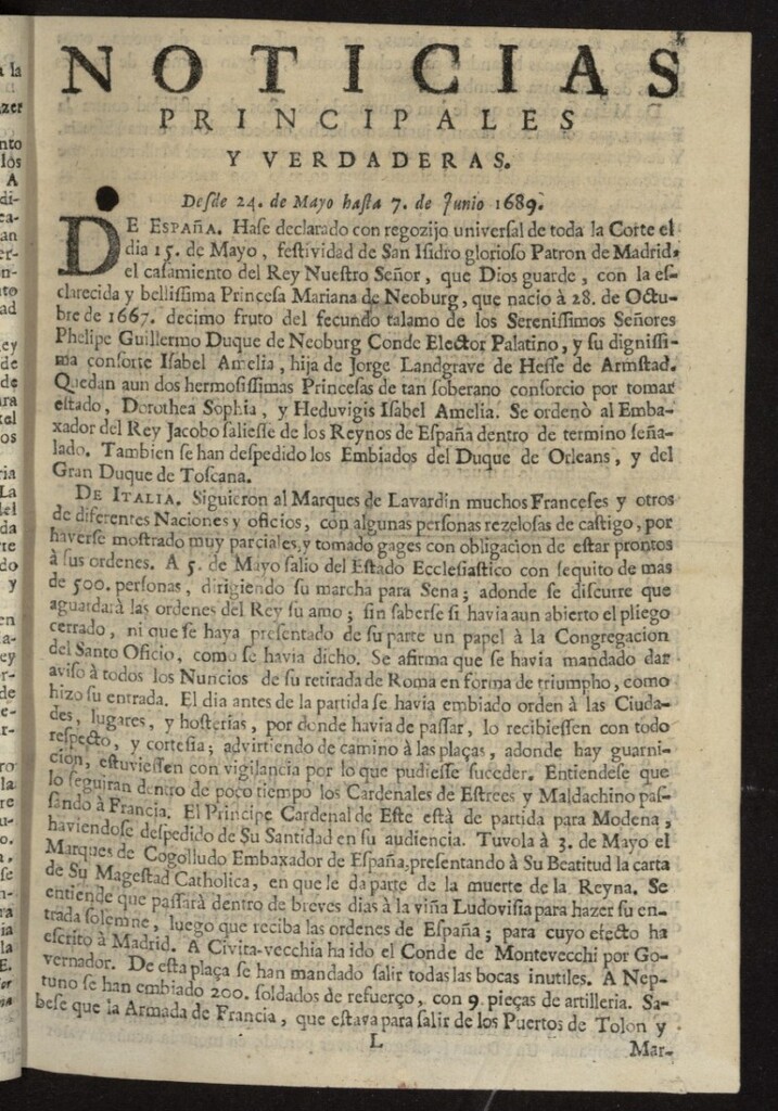 Miniatura de Noticias principales y verdaderas del 24 de mayo al 7 de junio de 1689