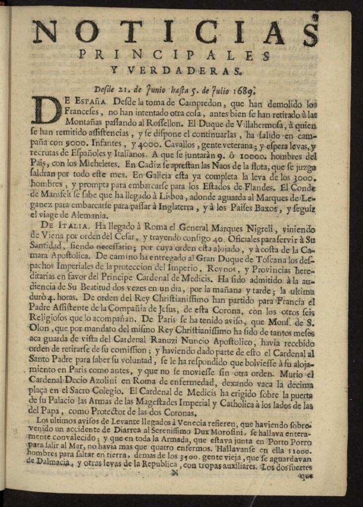 Miniatura de Noticias principales y verdaderas del 21 de junio al 5 de julio de 1689