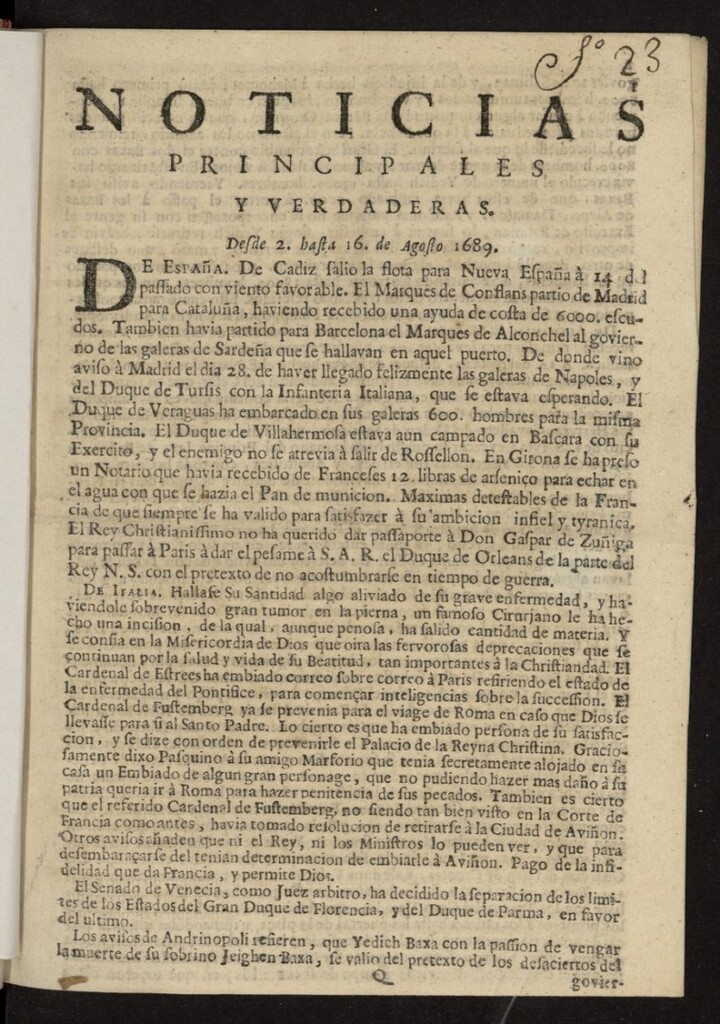 Miniatura de Noticias principales y verdaderas del 2 al 16 de agosto de 1689