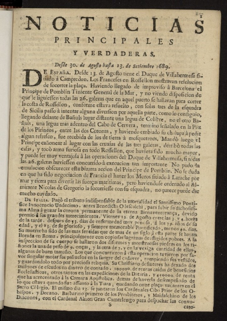 Miniatura de Noticias principales y verdaderas del 30 de agosto al 13 de septiembre de 1689