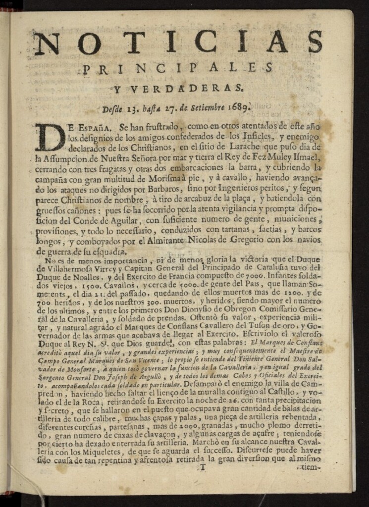 Miniatura de Noticias principales y verdaderas del 13 al 27 de septiembre de 1689