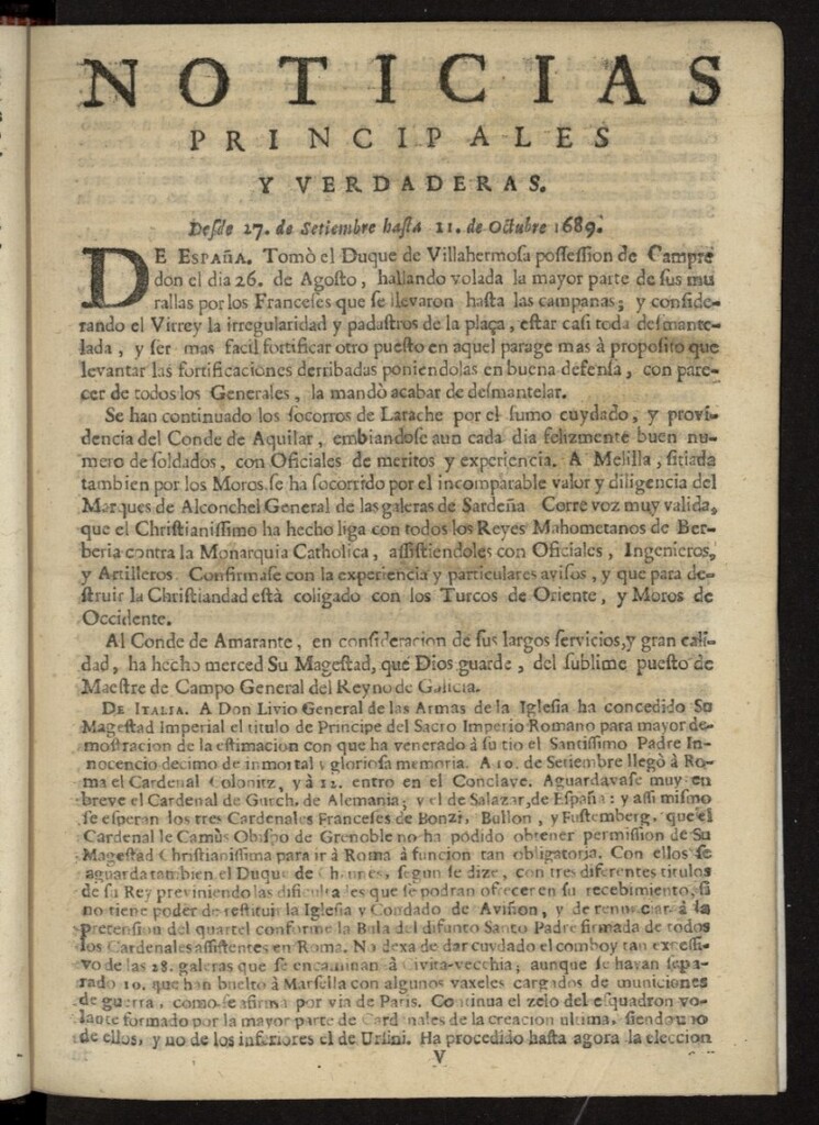 Miniatura de Noticias principales y verdaderas del 17 de septiembre al 11 de octubre de 1689