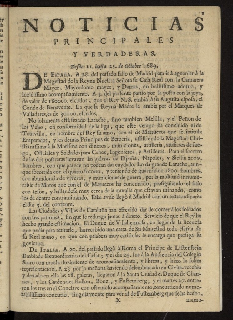 Miniatura de Noticias principales y verdaderas del 11 al 25 de octubre de 1689