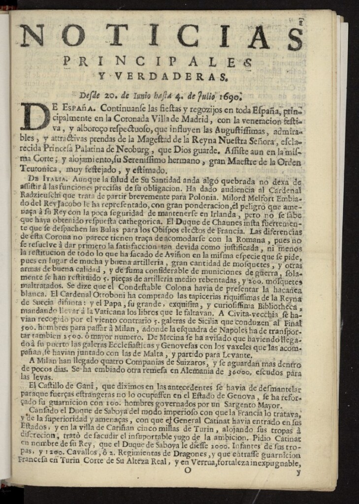 Miniatura de Noticias principales y verdaderas del 20 de junio al 4 de julio de 1690