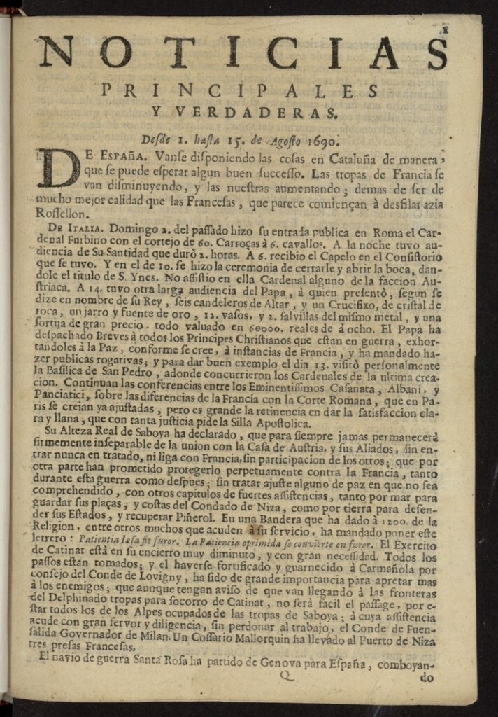 Miniatura de Noticias principales y verdaderas del 1 al 15 de agosto de 1690