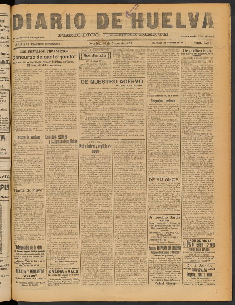 Miniatura de Diario de Huelva : periódico independiente del 13 de mayo de 1923