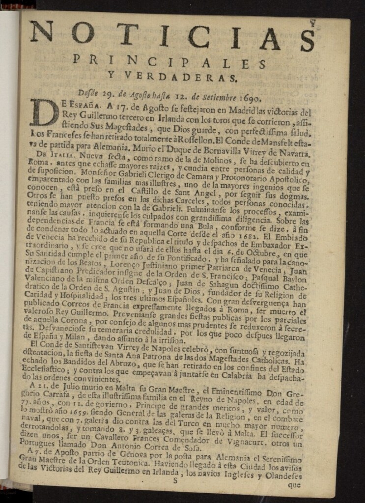 Miniatura de Noticias principales y verdaderas del 29 de agosto al 12 de septiembre de 1690