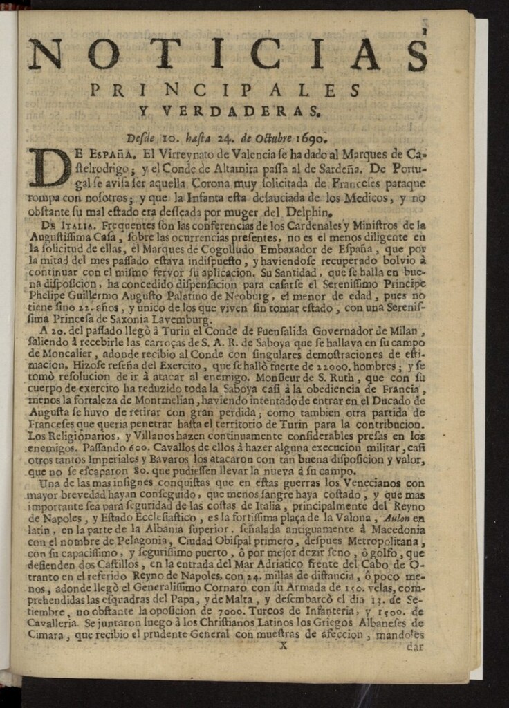 Miniatura de Noticias principales y verdaderas del 10 al 24 de octubre de 1690
