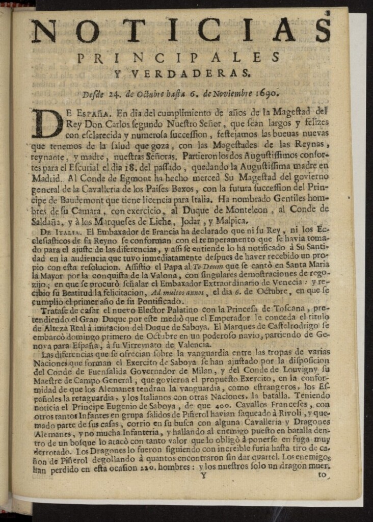 Miniatura de Noticias principales y verdaderas del 24 de octubre al 6 de noviembre de 1690