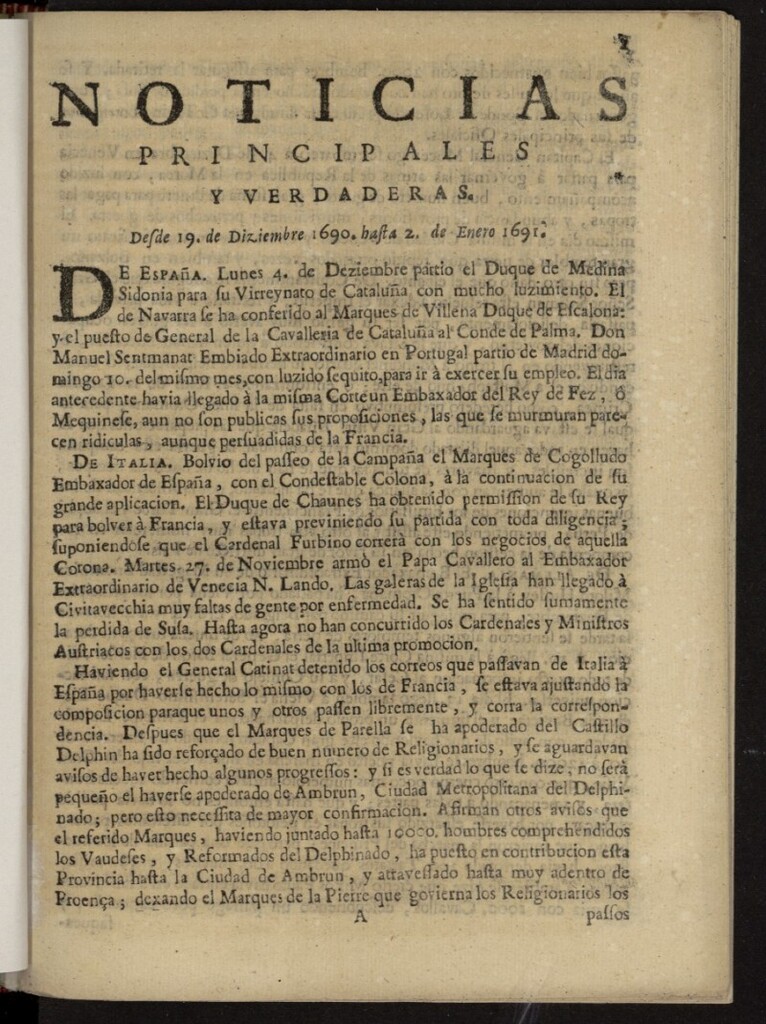 Miniatura de Noticias principales y verdaderas del 19 de diciembre de 1690 al 2 de enero de 1691