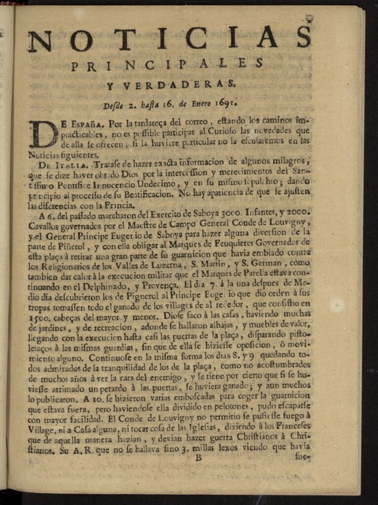 Miniatura de Noticias principales y verdaderas del 2 al 16 de enero de 1691