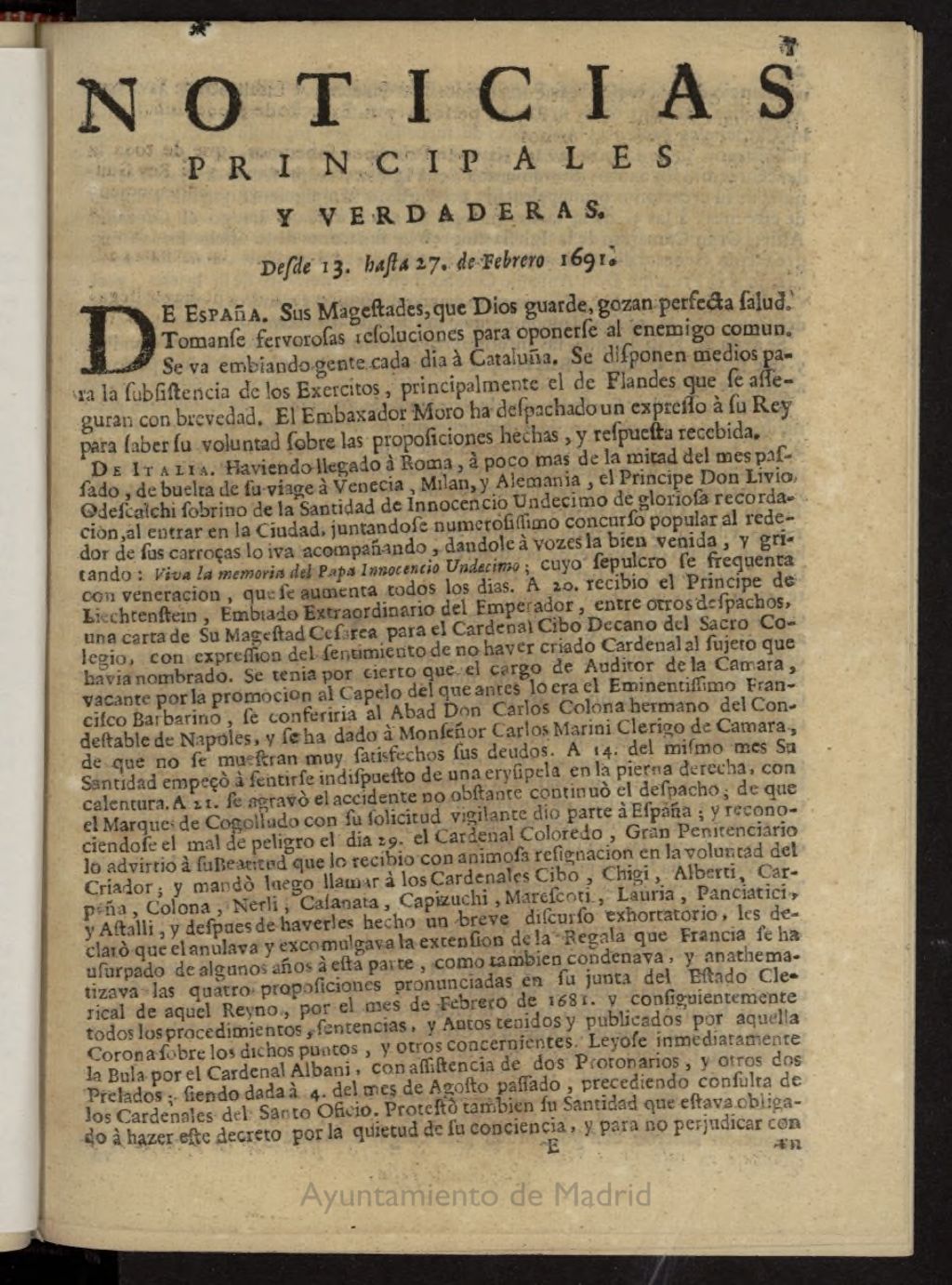 Miniatura de Noticias principales y verdaderas del 13 al 27 de febrero de 1691