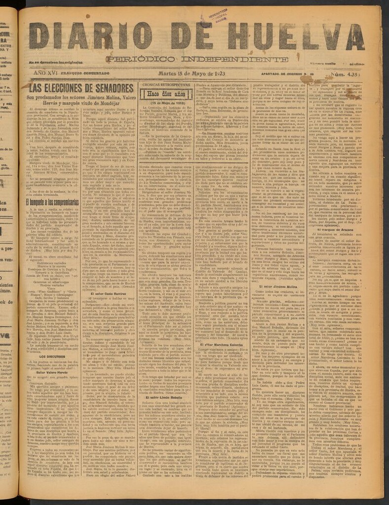 Miniatura de Diario de Huelva : periódico independiente del 15 de mayo de 1923