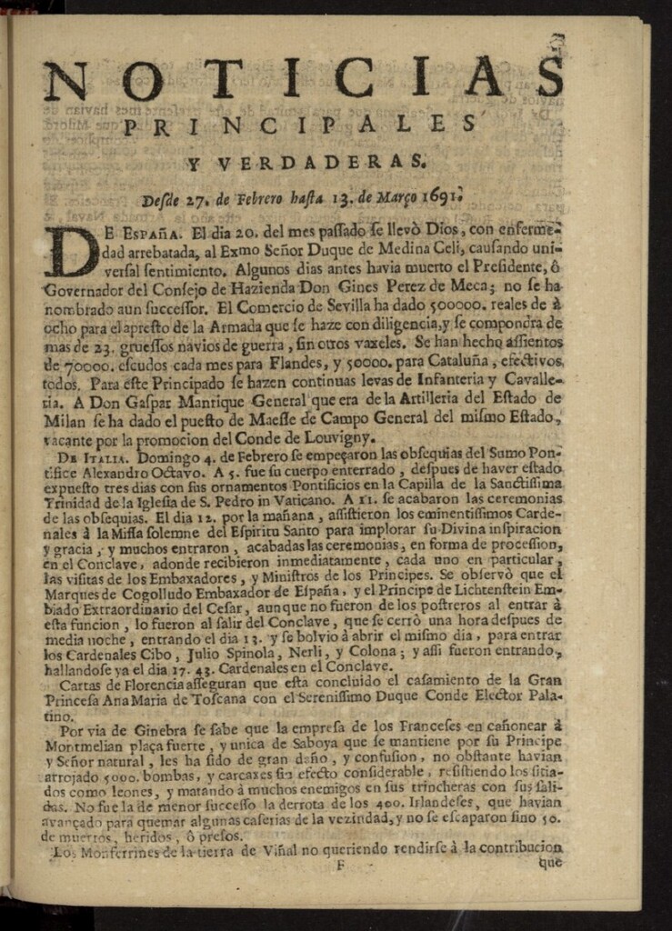 Miniatura de Noticias principales y verdaderas del 27 de febrero al 13 de marzo de 1691