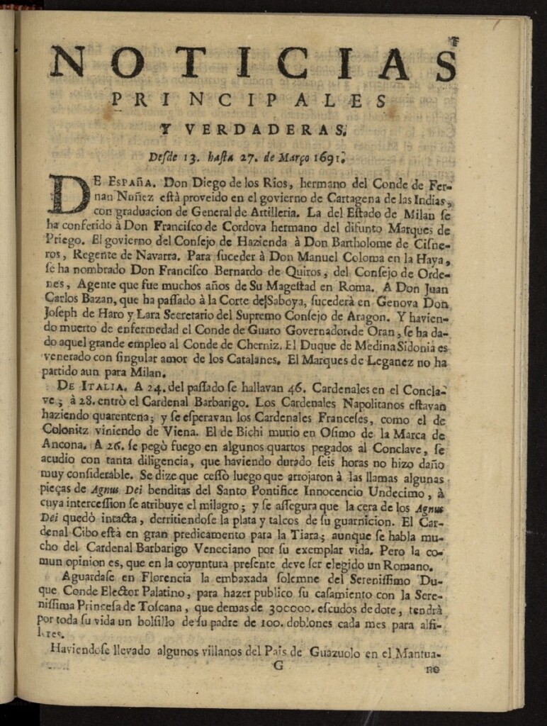 Miniatura de Noticias principales y verdaderas del 13 al 27 de marzo de 1691