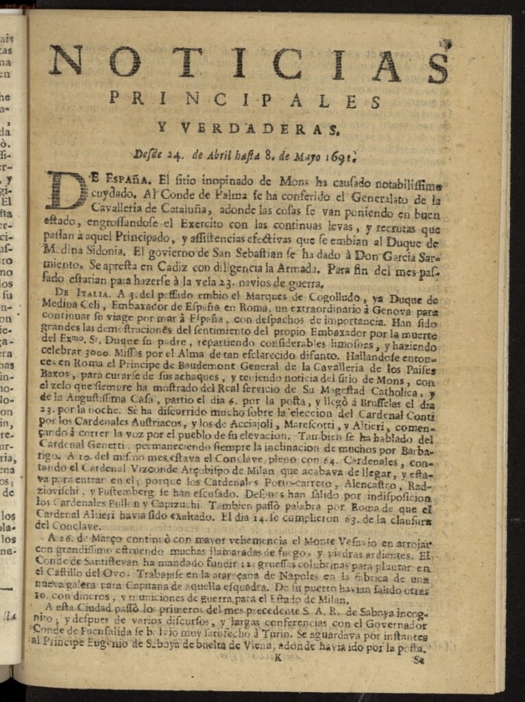 Miniatura de Noticias principales y verdaderas del 24 abril al 8 de mayo de 1691