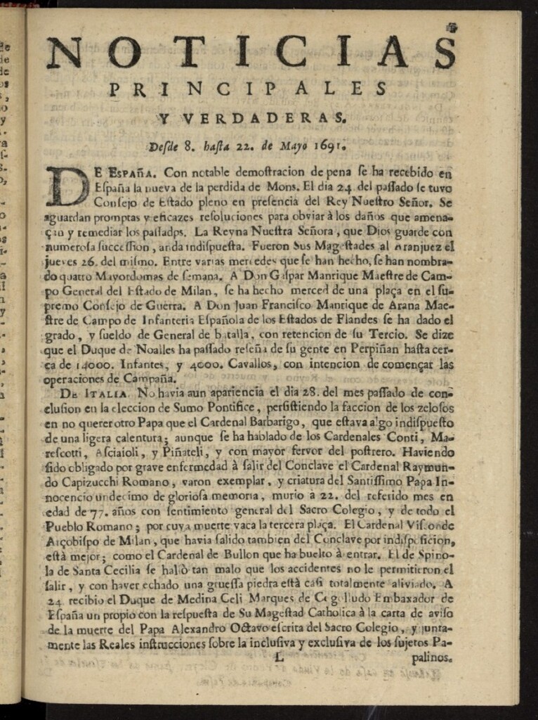 Miniatura de Noticias principales y verdaderas del 8 al 22 de mayo de 1691