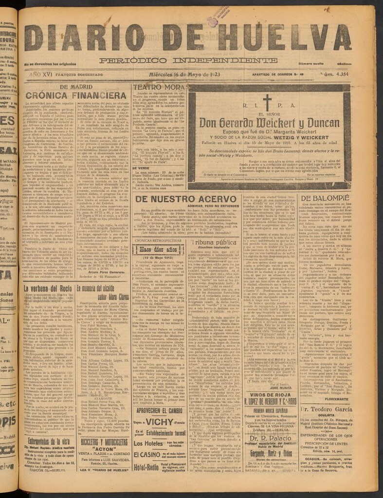 Miniatura de Diario de Huelva : periódico independiente del 16 de mayo de 1923
